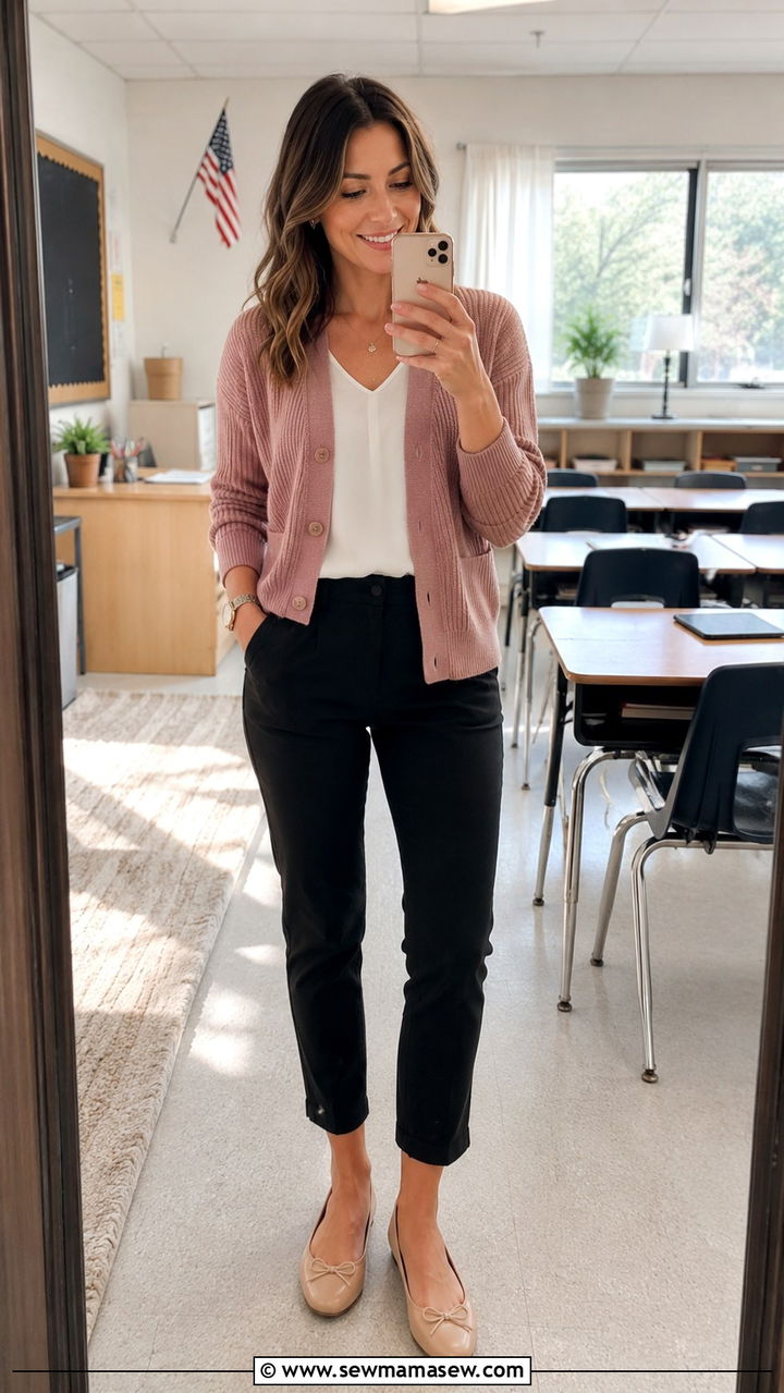Cardigan and ankle pants with ballet flats - 30 Middle school teacher outfit ideas