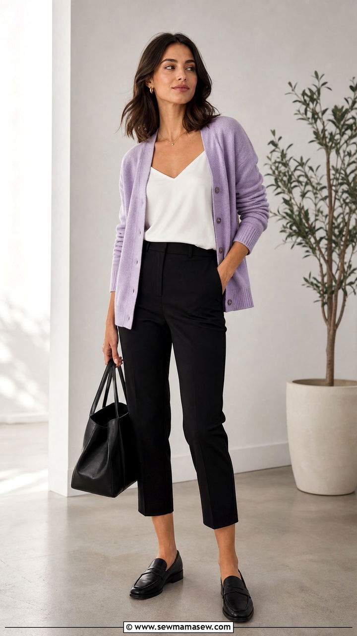 Cardigan and cropped trousers with leather loafers - 25 Business casual outfits with flats