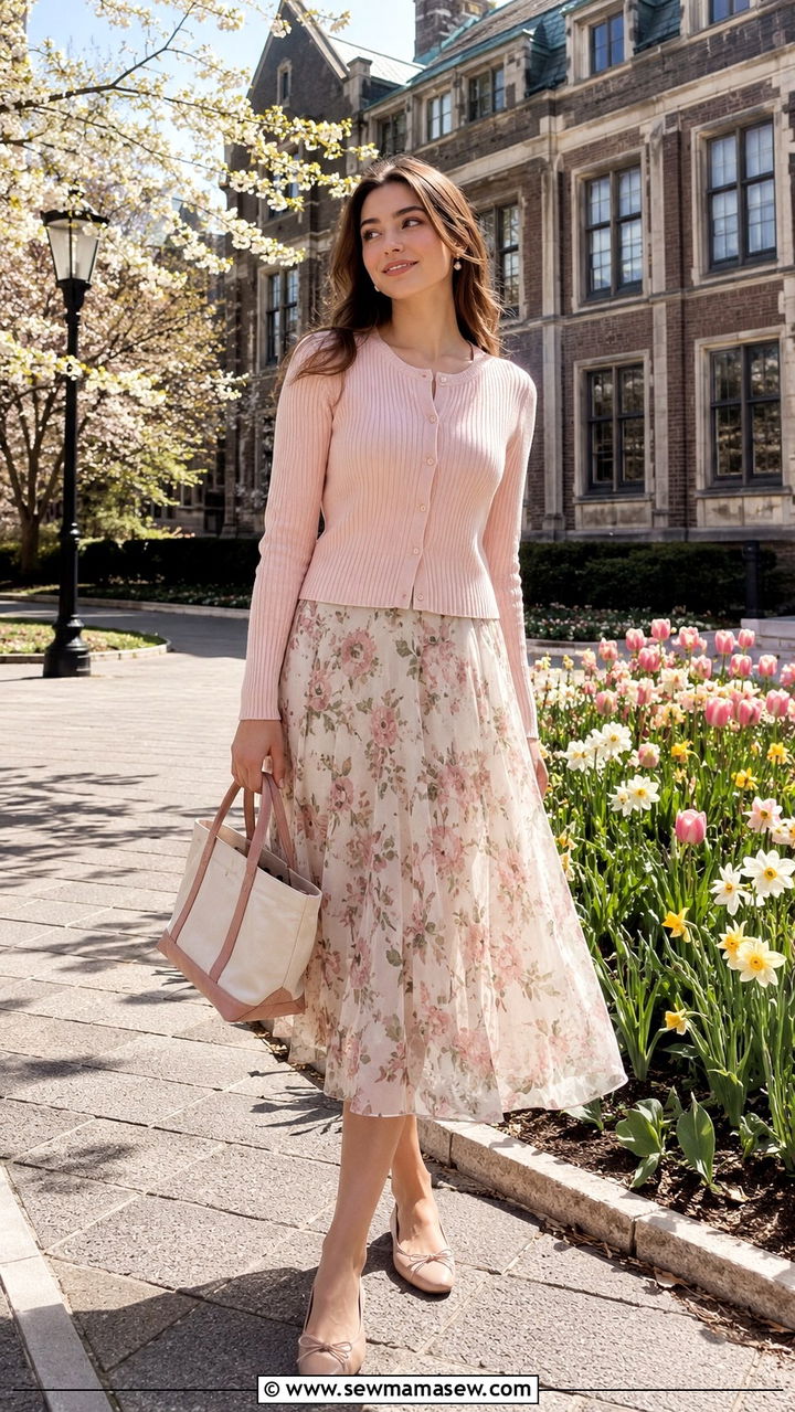 Cardigan and flowy midi skirt outfit - 30 Spring outfits for college girls