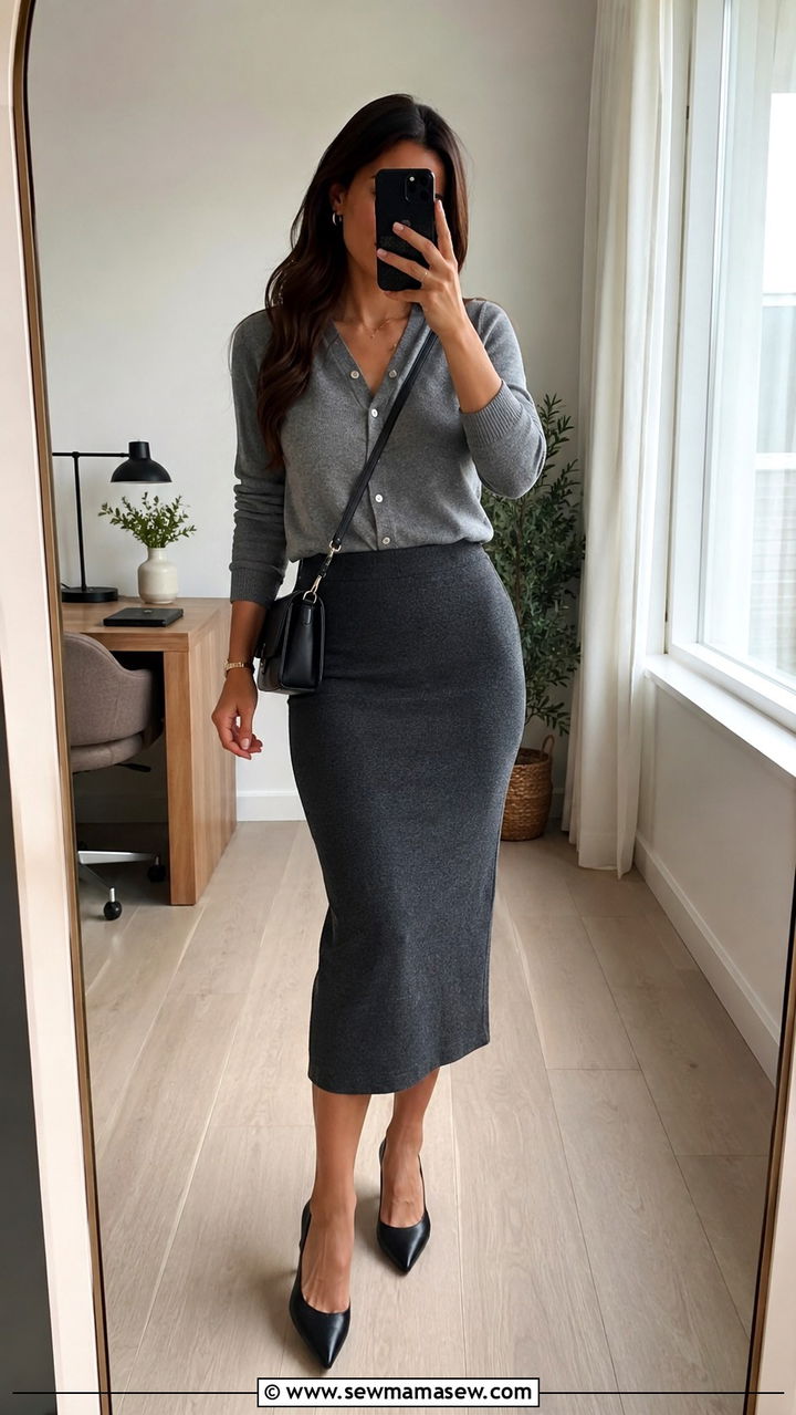 Cardigan and knit midi skirt - 30 Petite office outfit ideas