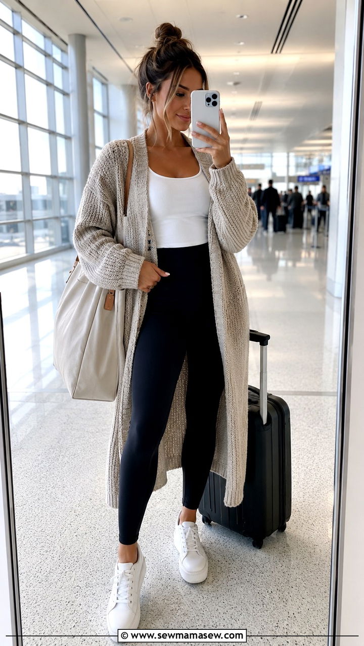 Cardigan and leggings travel outfit - 30 Travel capsule wardrobe ideas