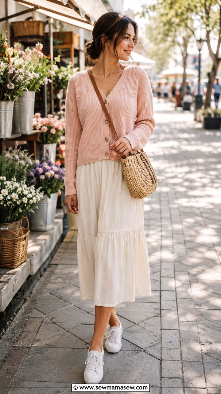 Cardigan and midi skirt casual look - 30 Modest outfit ideas with cardigan
