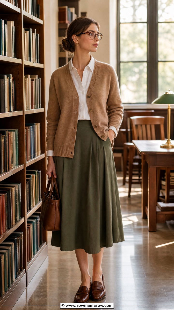 Cardigan and midi skirt librarian outfit - 25 librarian core outfits to copy
