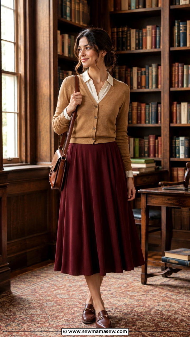 Cardigan and midi skirt librarian outfit - 30 librarian core outfits for women