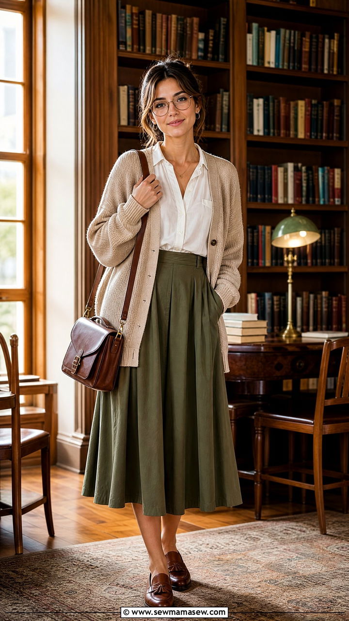 Cardigan and midi skirt outfit - 30 librarian core outfits ideas