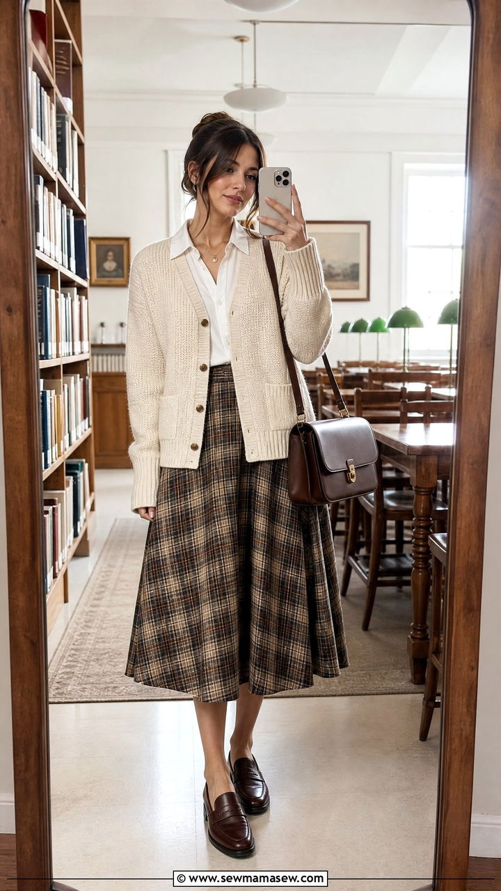Cardigan and plaid midi skirt librarian outfit - 25 librarian core outfits 2026