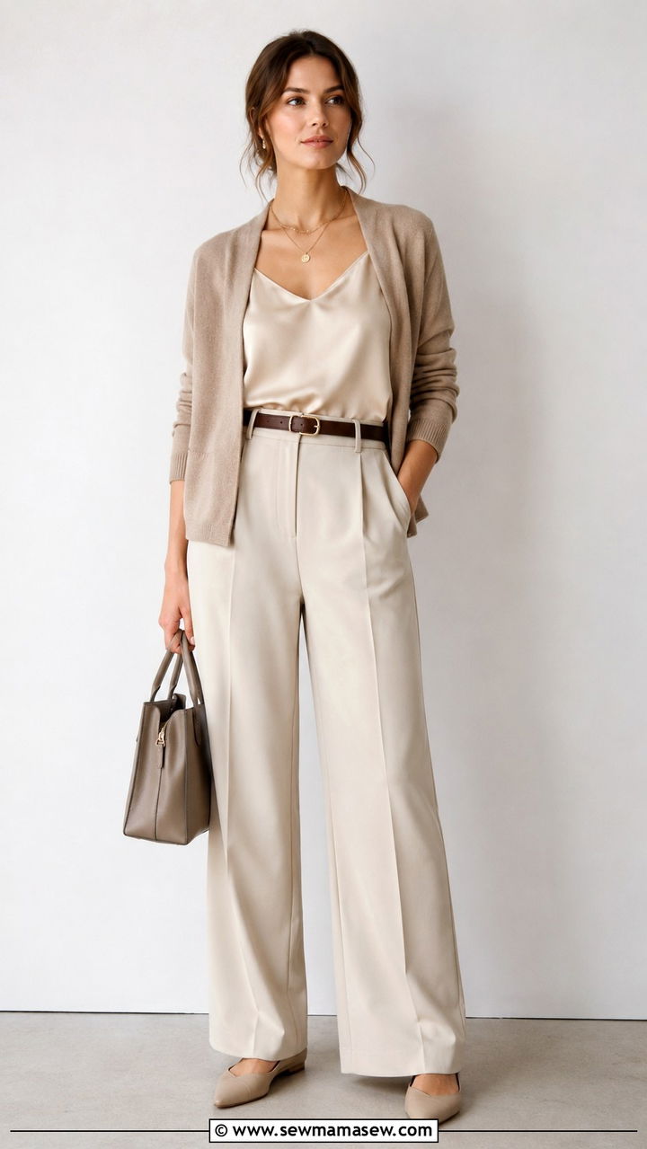 Cardigan and silk camisole outfit - 30 transitional work outfit ideas