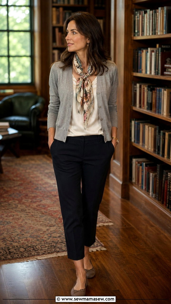 Cardigan and silk scarf outfit - 25 Old money outfit ideas with silk scarf