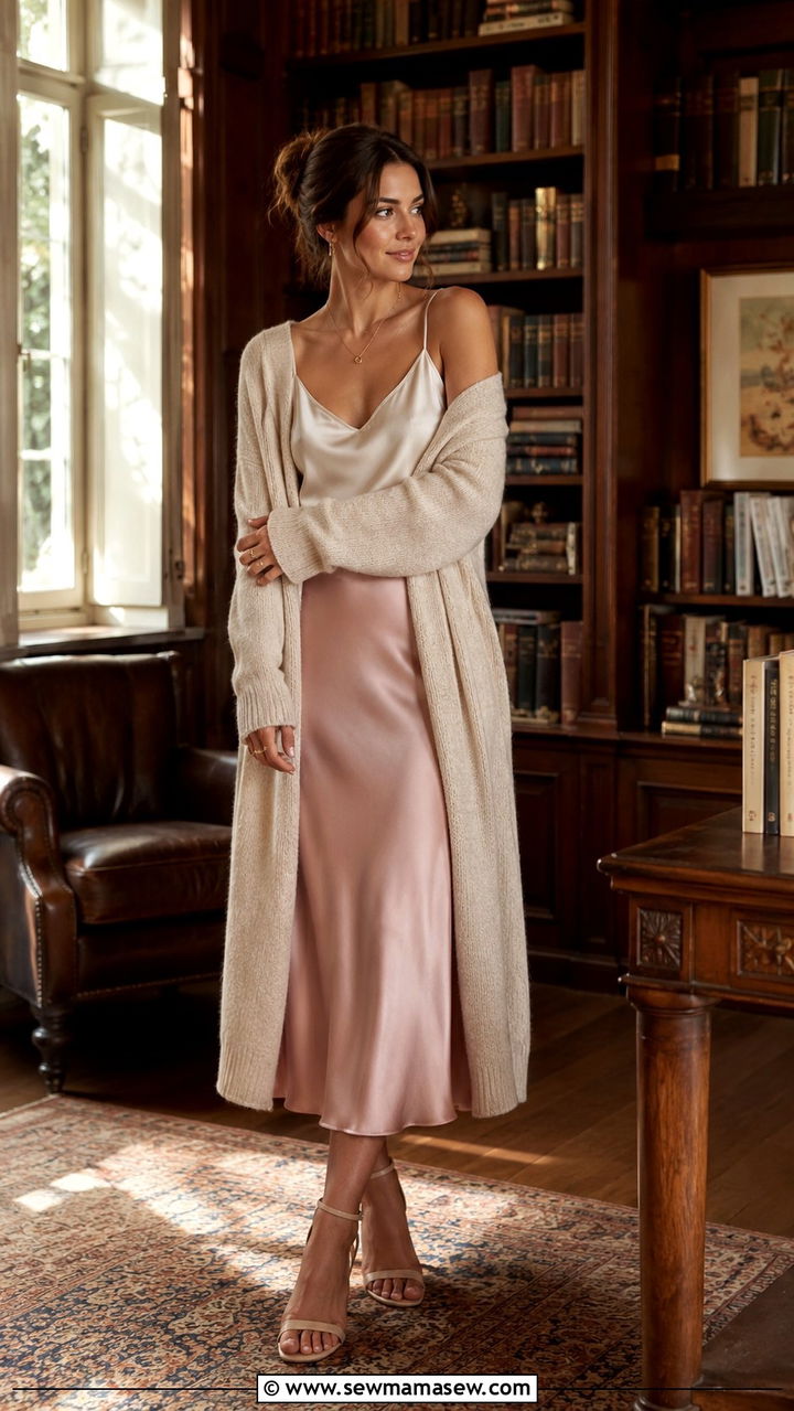 Cardigan and slip skirt classic outfit - 30 Save the date photo outfit ideas