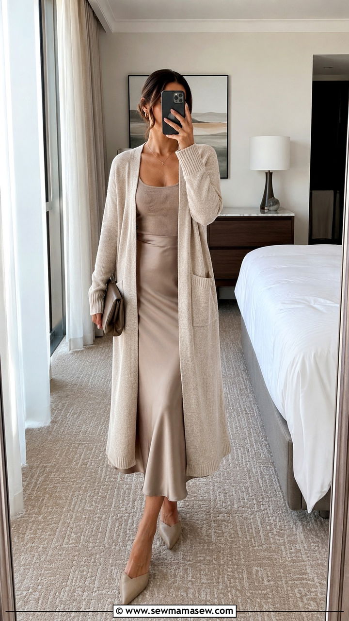 Cardigan and slip skirt travel outfit - 25 Minimalist travel capsule wardrobe