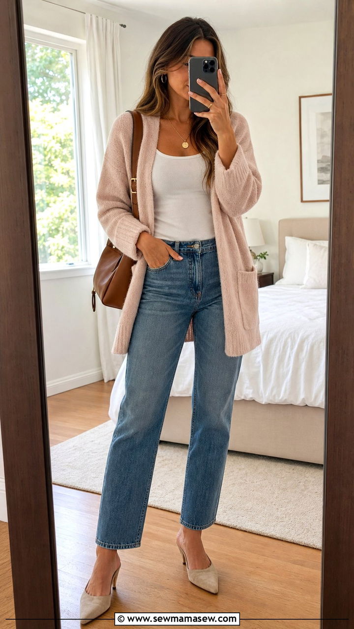 Cardigan and straight leg jeans with gold pendant - 25 spring outfits with gold jewelry