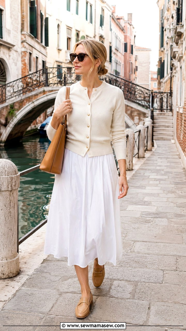Cardigan and white midi skirt outfit Venice spring - 30 Italy outfits for women