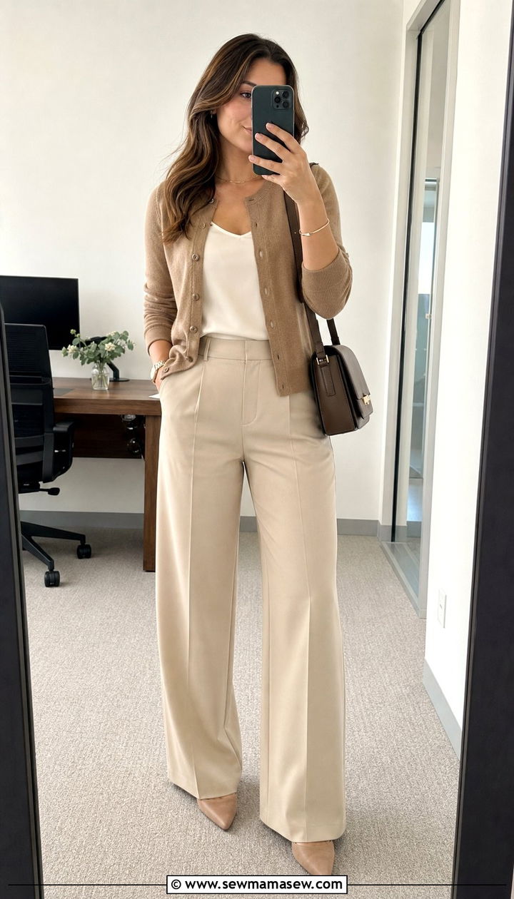 Cardigan and wide leg trousers work - 25 Corporate outfit ideas 2026