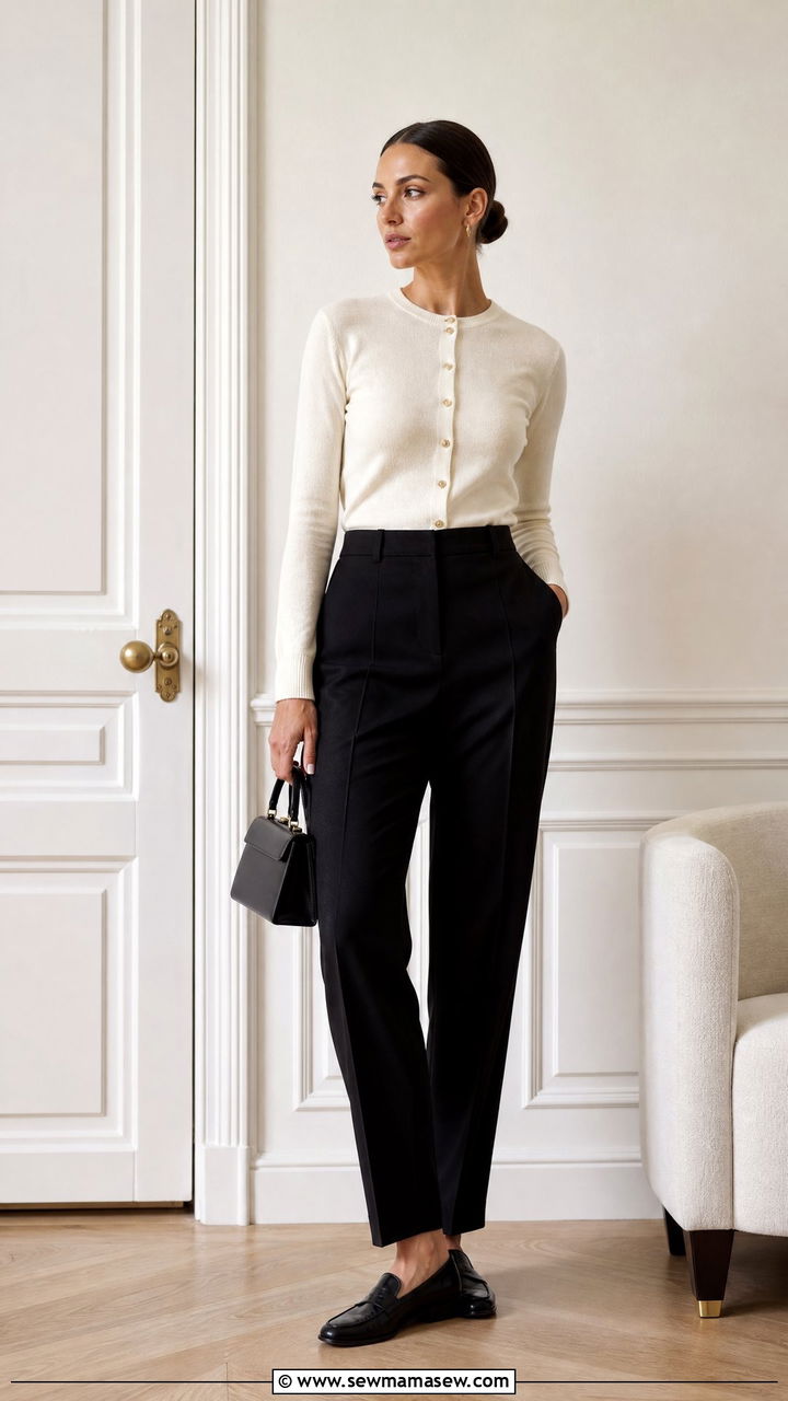 Cardigan buttoned as top with tailored trousers - 25 How to style a cardigan in summer