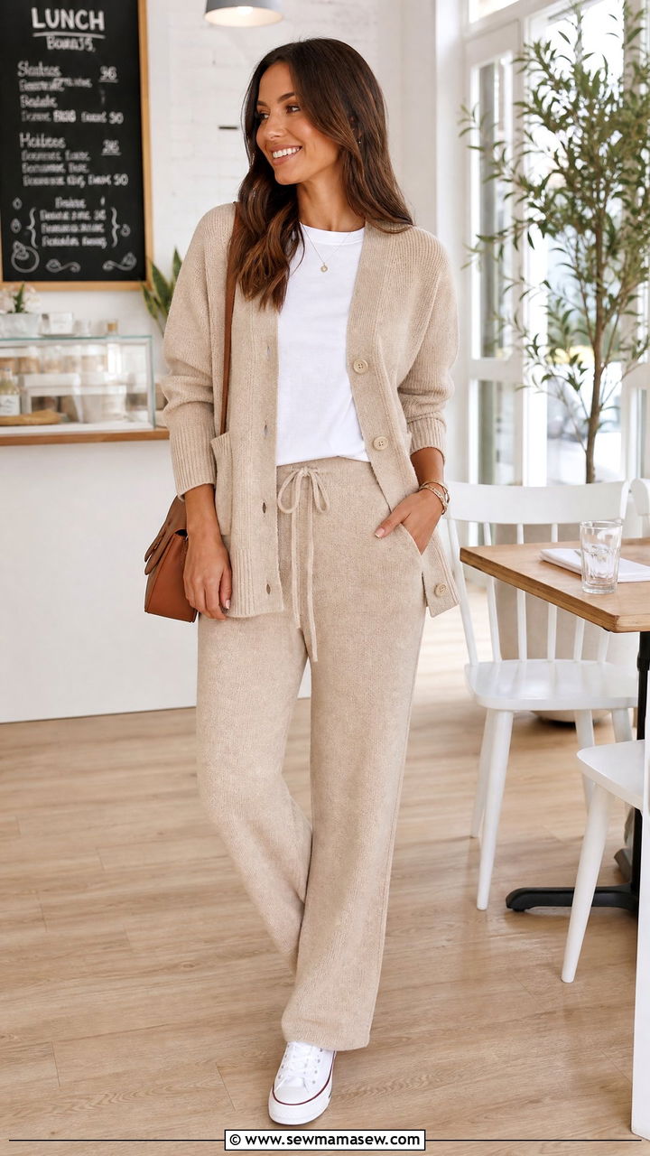 Cardigan knit set layered over a white tee - 25 Knit matching set outfit ideas