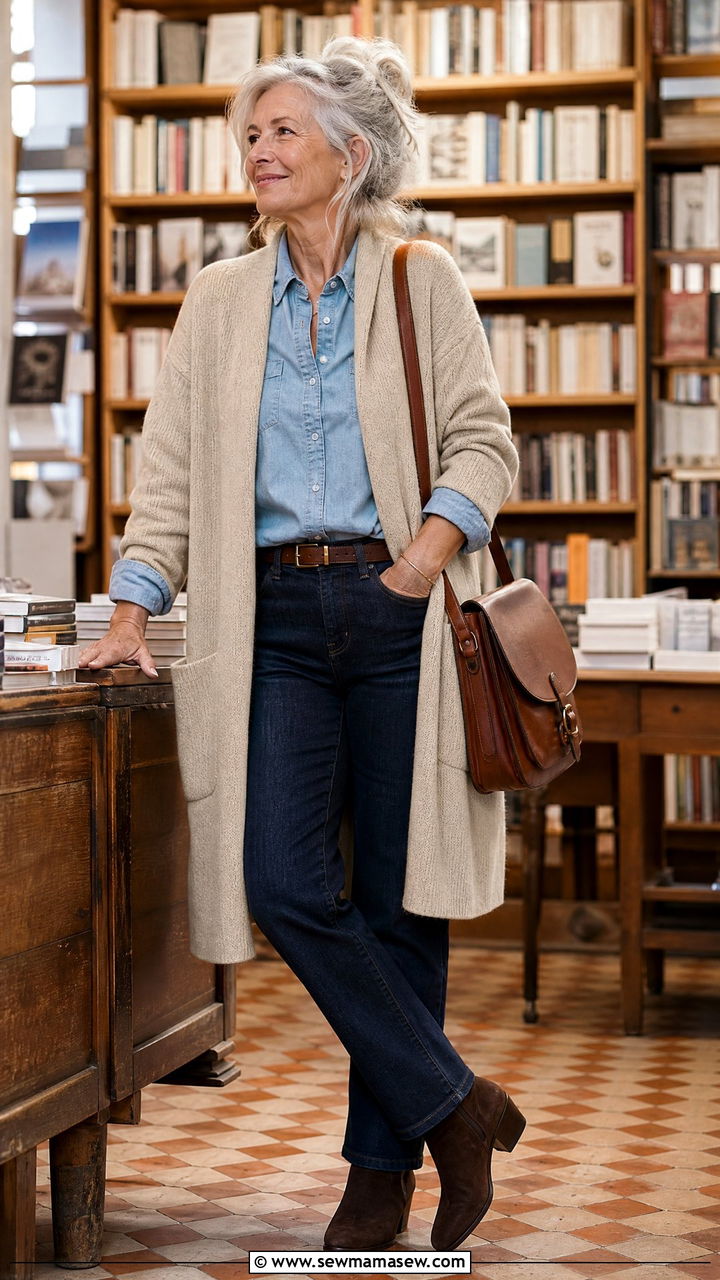 Cardigan layered over a collared shirt - 30 French girl outfit ideas for women over 60