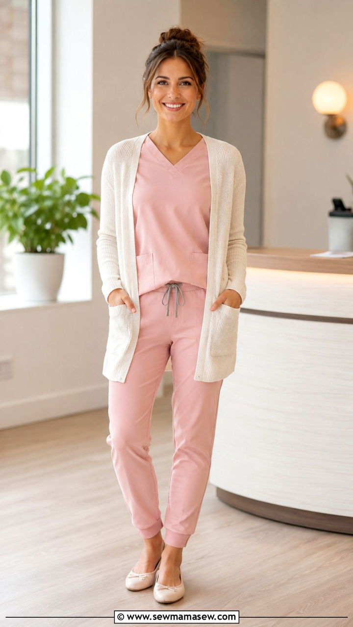 Cardigan layered over scrubs outfit - 30 Spring nurse outfits