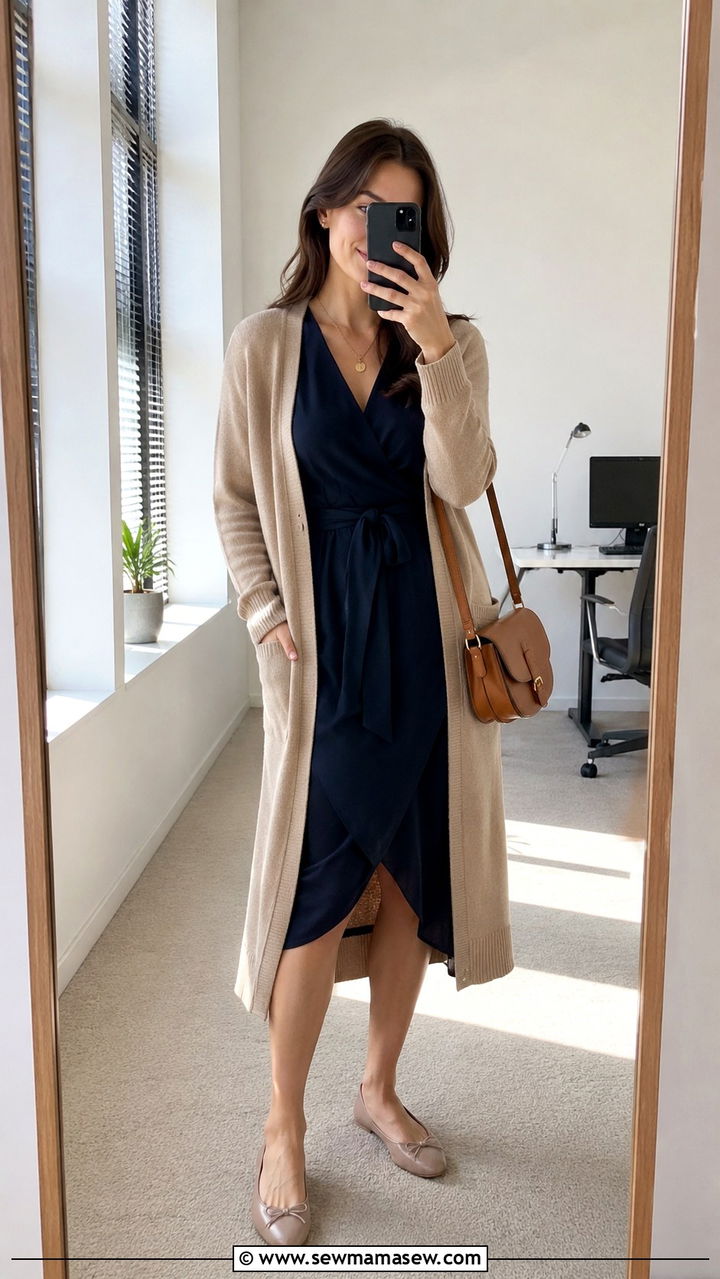 Cardigan over Wrap Dress Office Outfit - 25 Work outfit ideas for Tuesday