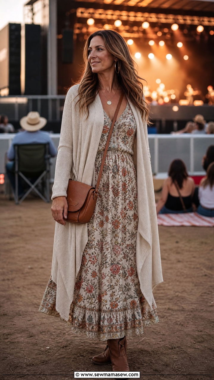 Cardigan over a Maxi Dress - 30 Country concert outfit ideas for women over 40