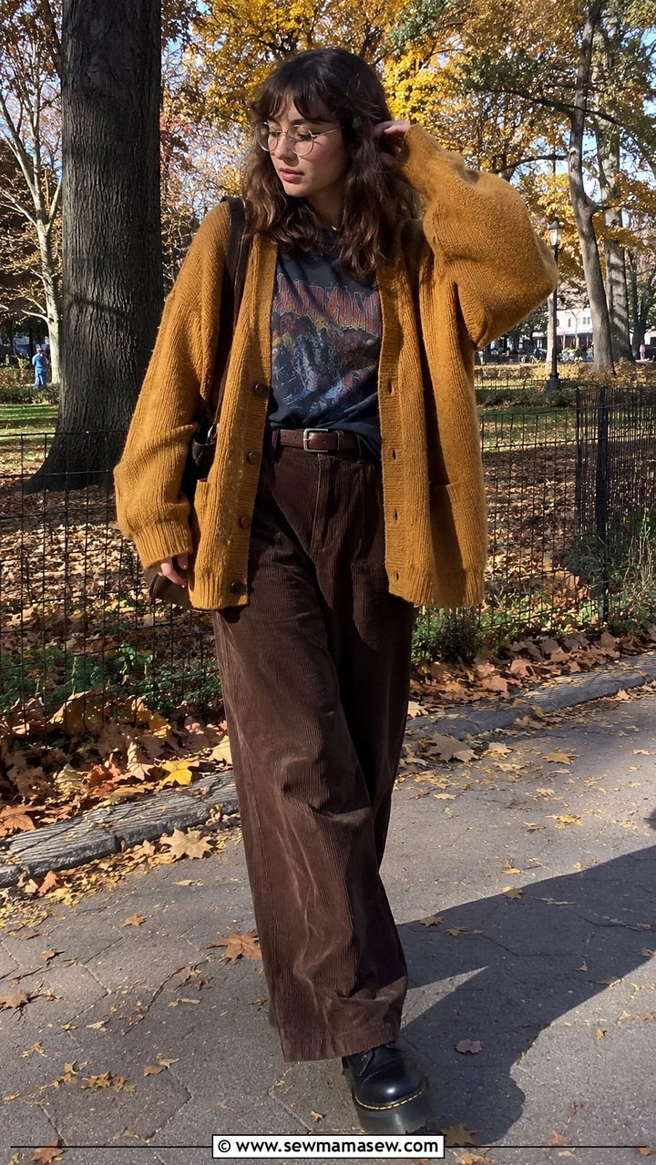 Cardigan over a band tee with corduroy pants - 30 Chaotic academia outfit ideas