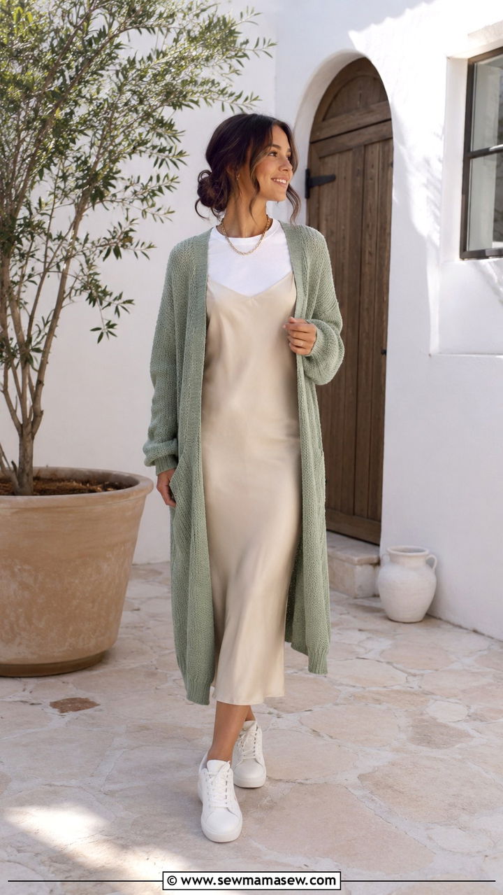 Cardigan over slip dress with sneakers - 30 Modest outfit ideas with cardigan