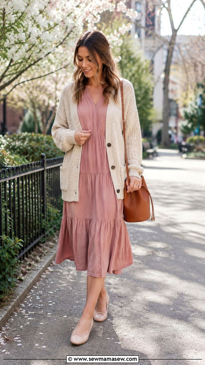 Cardigan over tiered midi dress - 30 spring cottagecore outfit ideas