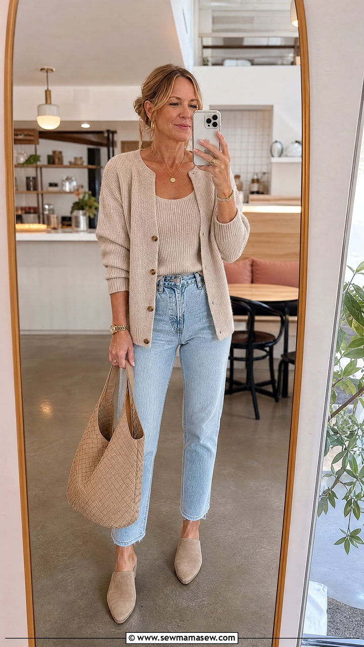 Cardigan set with light wash mom jeans - 35 Jeans outfit ideas for women over 40