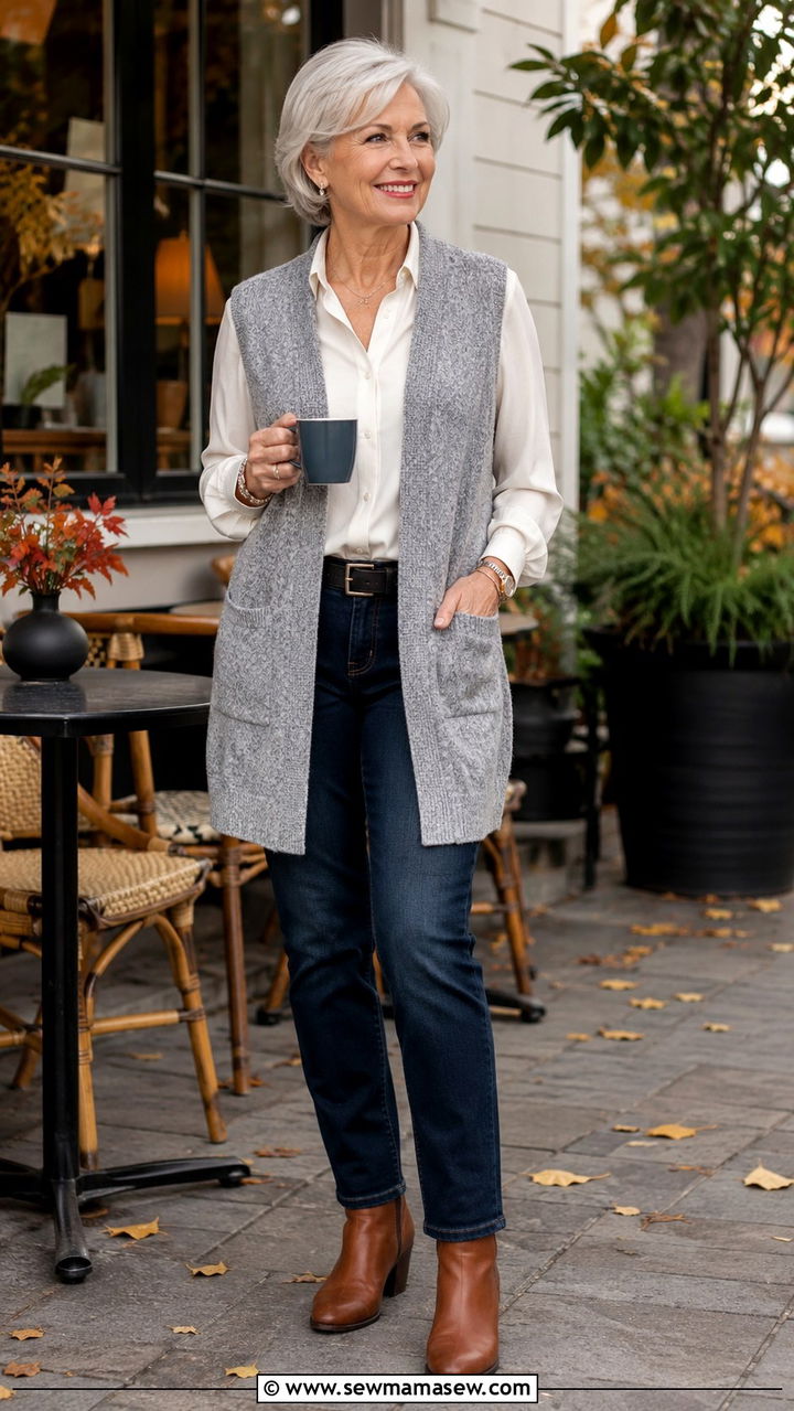 Cardigan vest with a long sleeve blouse - 30 Outfit ideas for women over 70 casual 2026