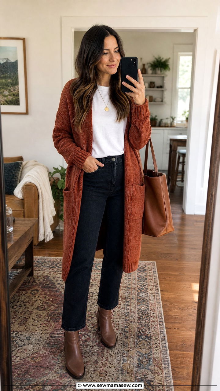Cardigan with Dark Jeans and Ankle Boots - 35 Housewarming party outfits