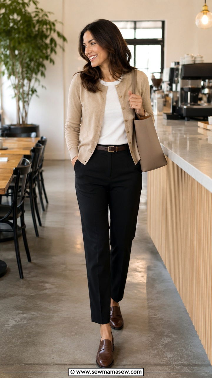 Cardigan with Dress Pants and Loafers Outfit - 30 Networking event outfit ideas