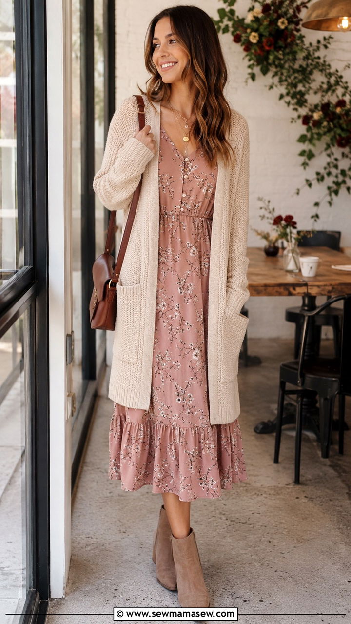 Cardigan with Floral Dress and Boots - 30 Karachi outfit ideas