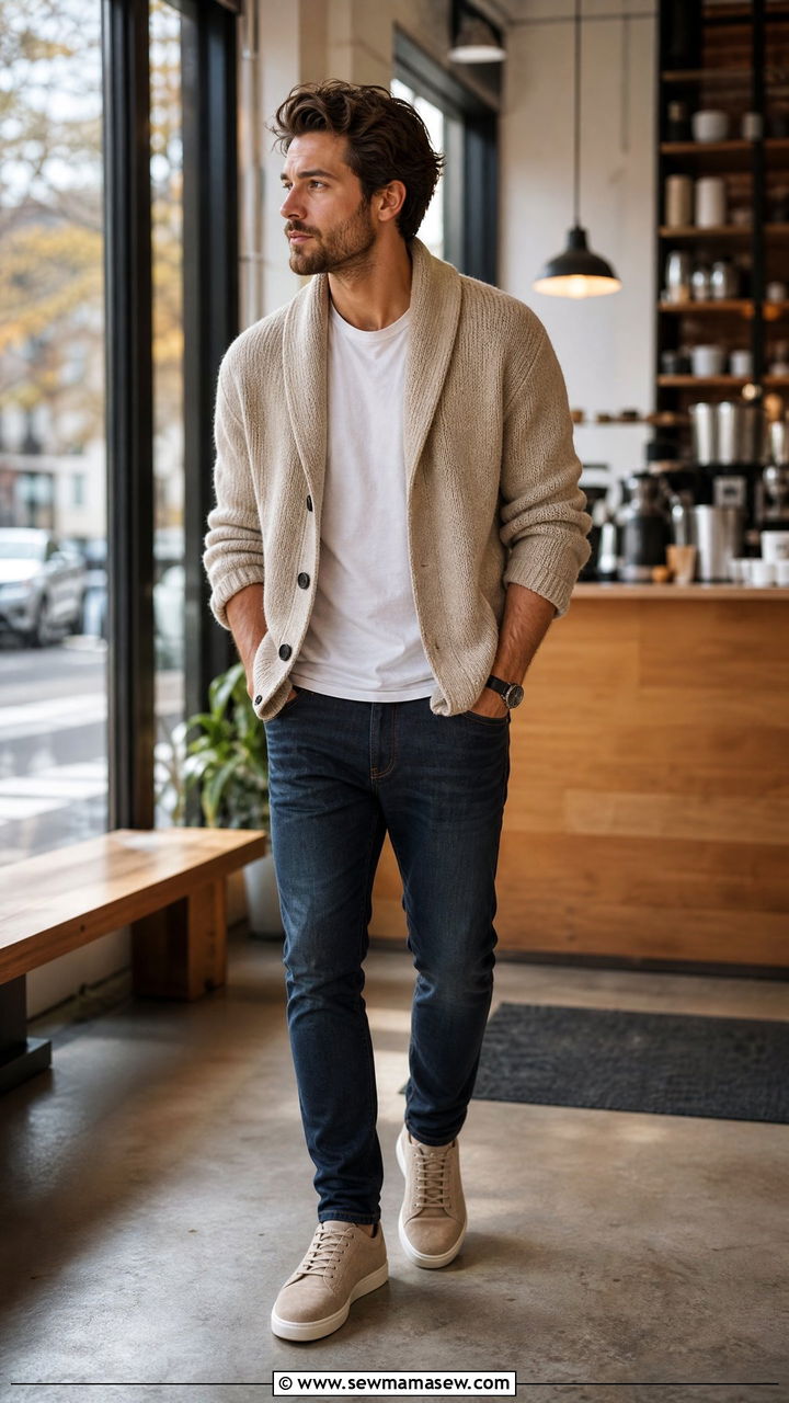 Cardigan with Jeans and Sneakers - 25 Business casual outfits with sneakers