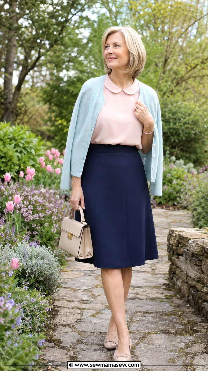 Cardigan with Peter Pan Collar Blouse and A Line Skirt - 25 preppy outfit ideas for women over 40