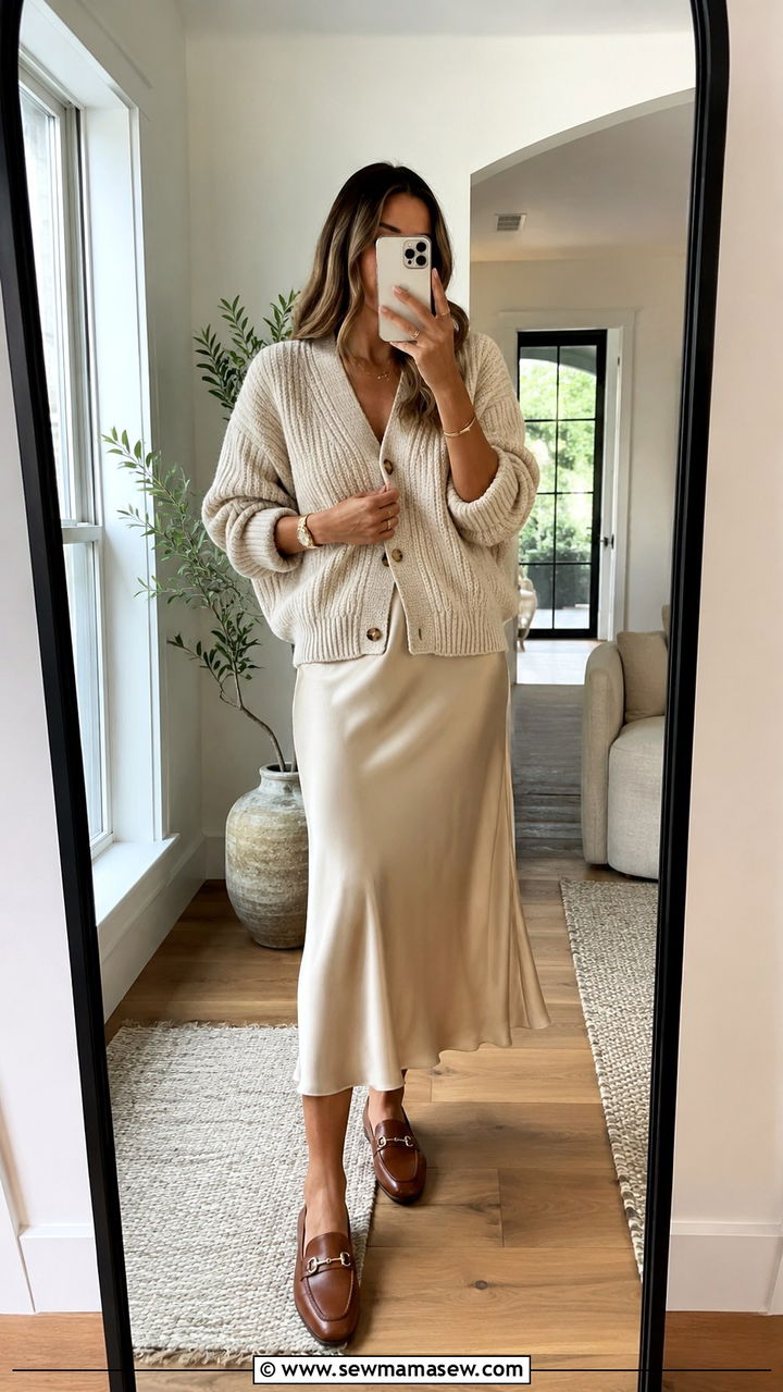 Cardigan with Silk Midi Skirt and Loafers - 30 transitional street style outfits