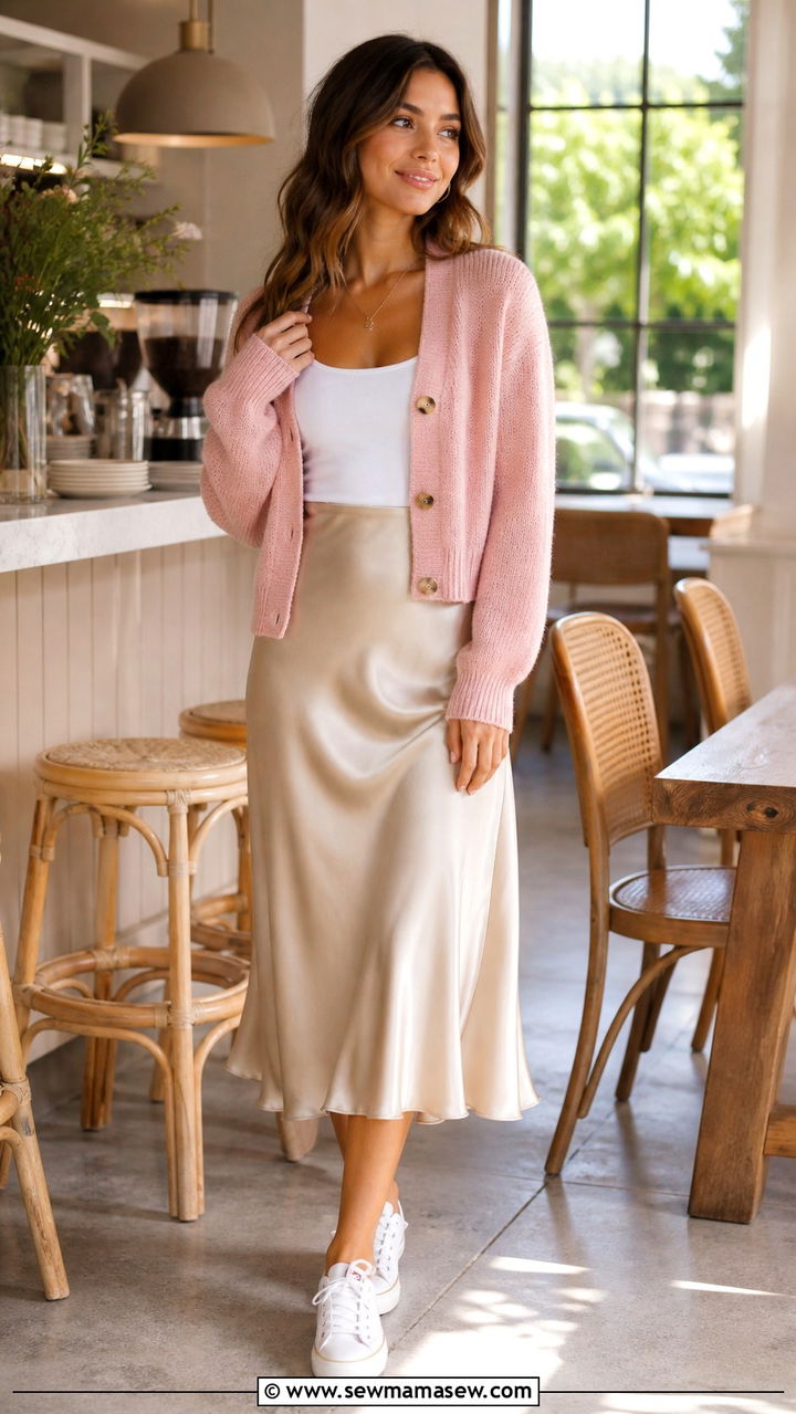 Cardigan with Slip Skirt and Sneakers - 40 cute spring outfit ideas