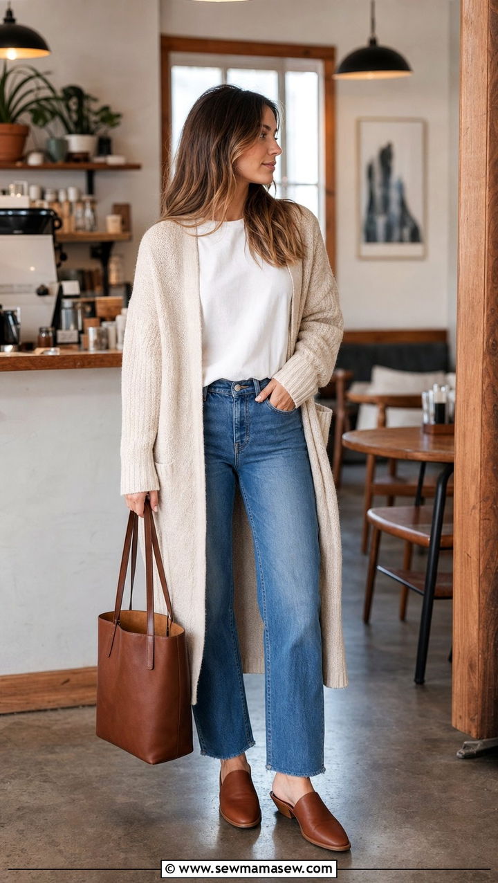 Cardigan with Straight Leg Jeans and Mules - 35 casual Friday outfit ideas
