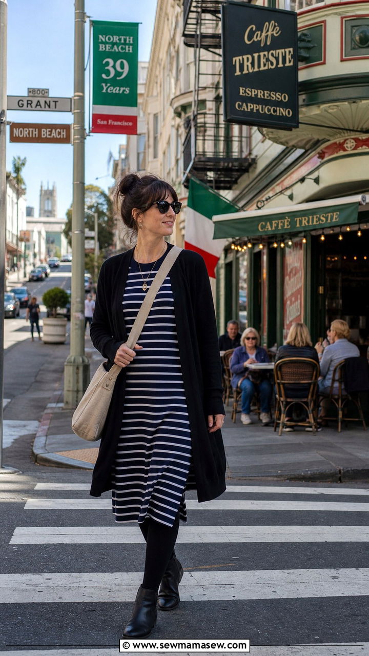 Cardigan with Striped Dress and Leggings - 40 What to wear in San Francisco