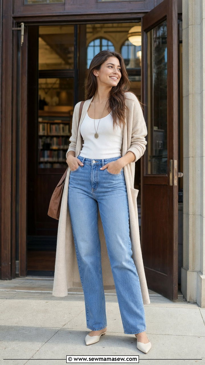 Cardigan with Tank Top and Jeans Outfit - 35 casual college outfits