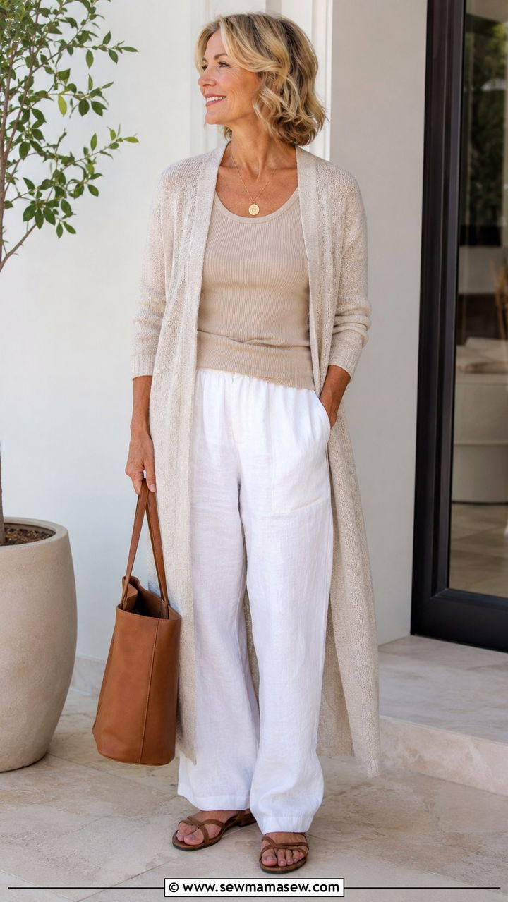 Cardigan with Tank and Linen Pants - 25 What to wear to brunch over 50