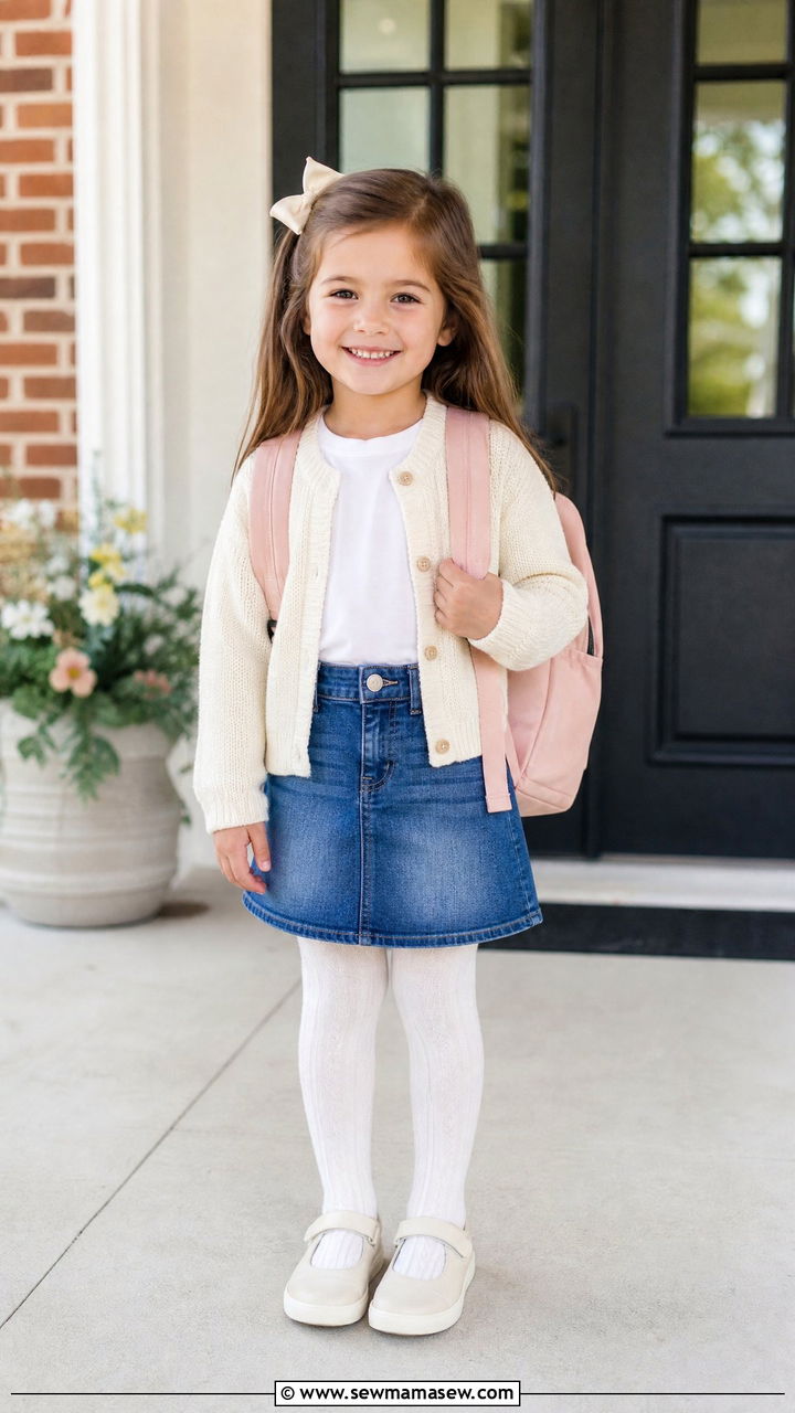 Cardigan with Top and Denim Skirt - 25 First day of kindergarten outfit ideas