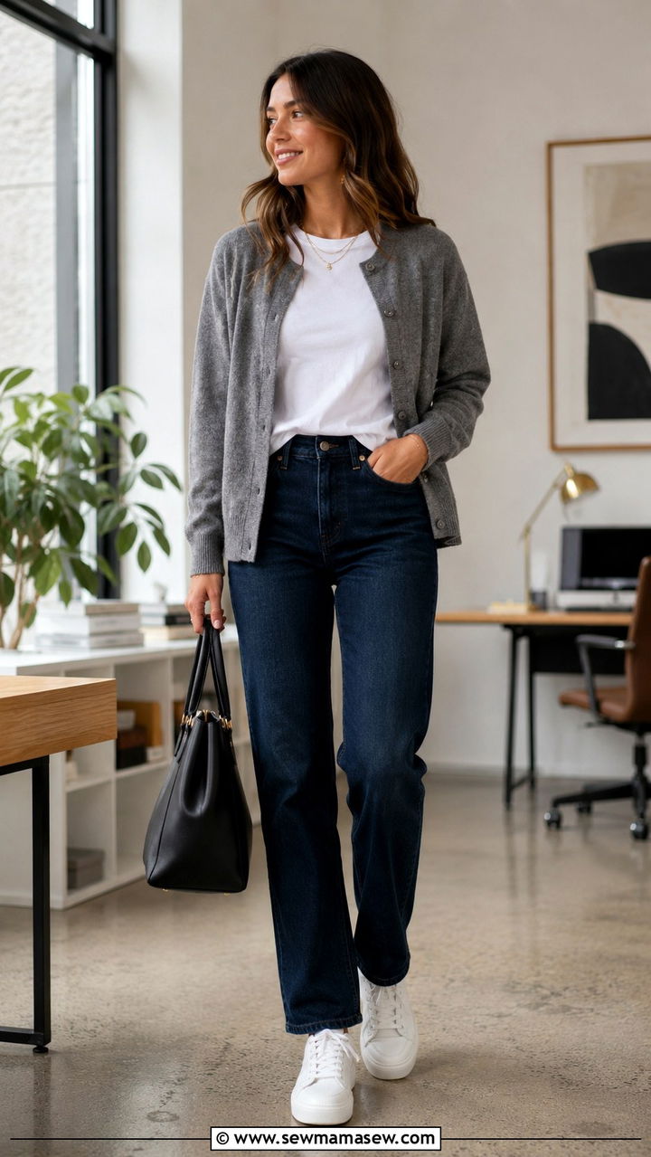 Cardigan with a Crewneck Tee and Straight Leg Jeans - 30 How to style a cardigan for work