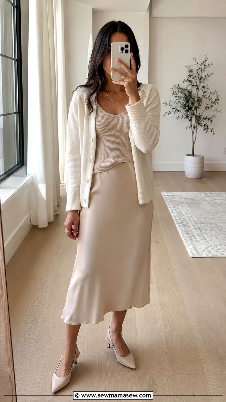Cardigan with a Slip Skirt and Slingback Heels - 30 How to style a cardigan for work
