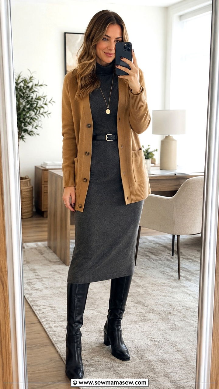Cardigan with a Striped Button Down Shirt and Navy Trousers - 30 How to style a cardigan for work