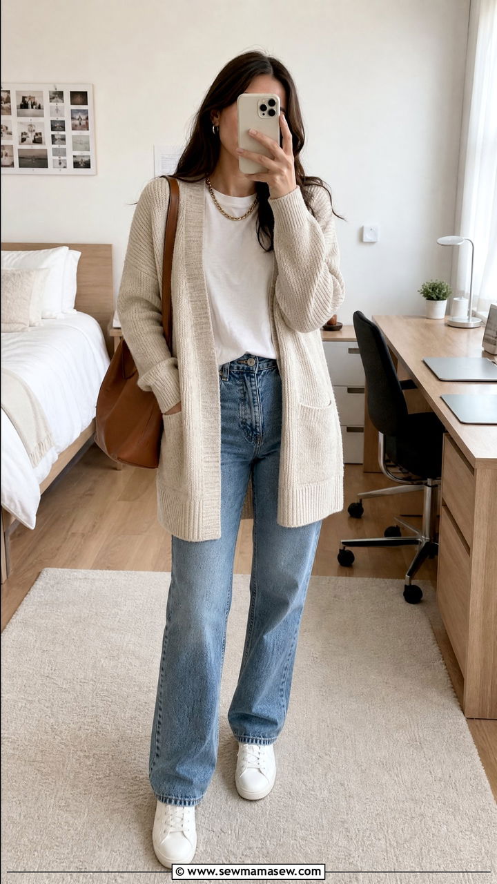 Cardigan with basic tee and jeans - 30 College study session outfit ideas
