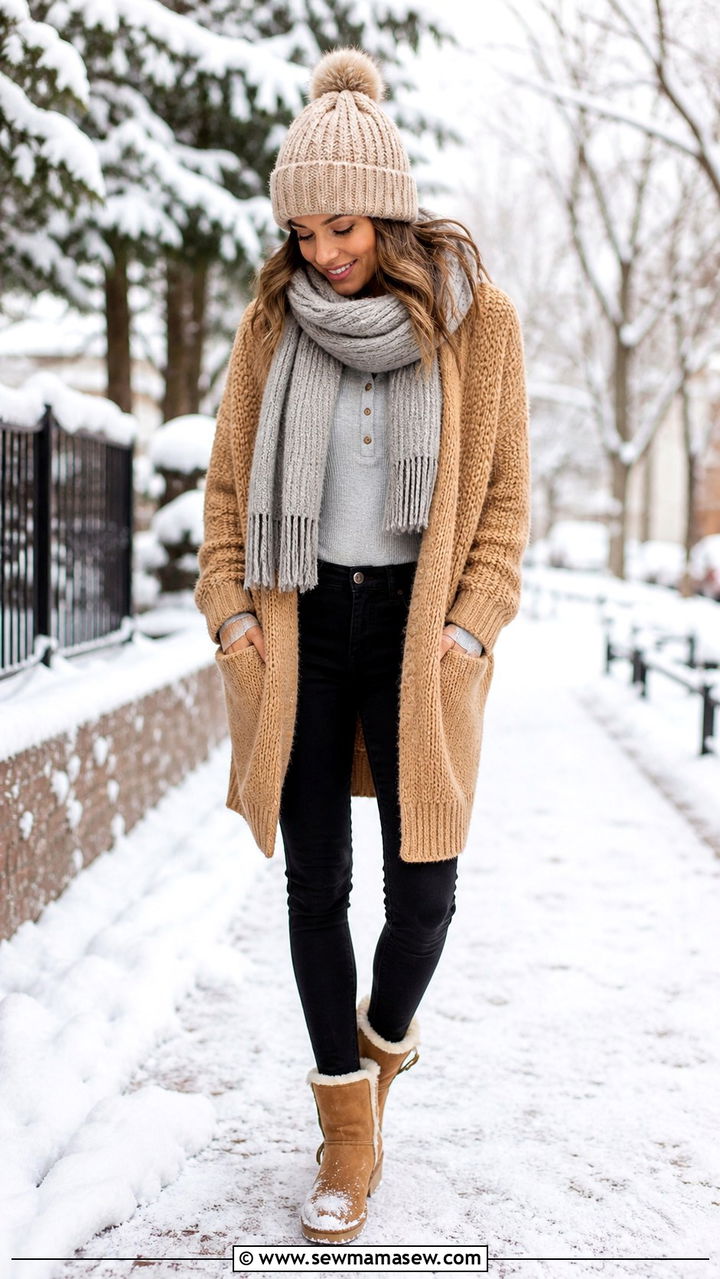 Cardigan with beanie winter outfit - 40 cardigan outfit ideas for women