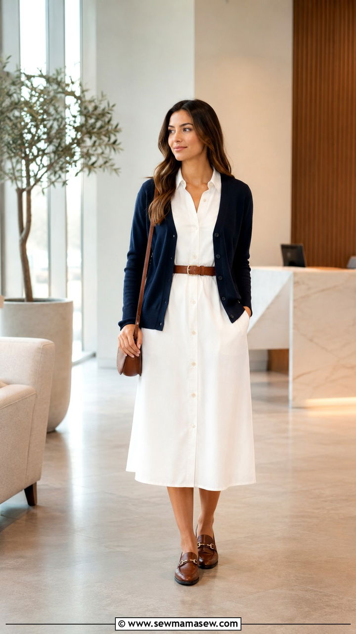 Cardigan with belted shirt dress - 30 Modest outfit ideas with cardigan