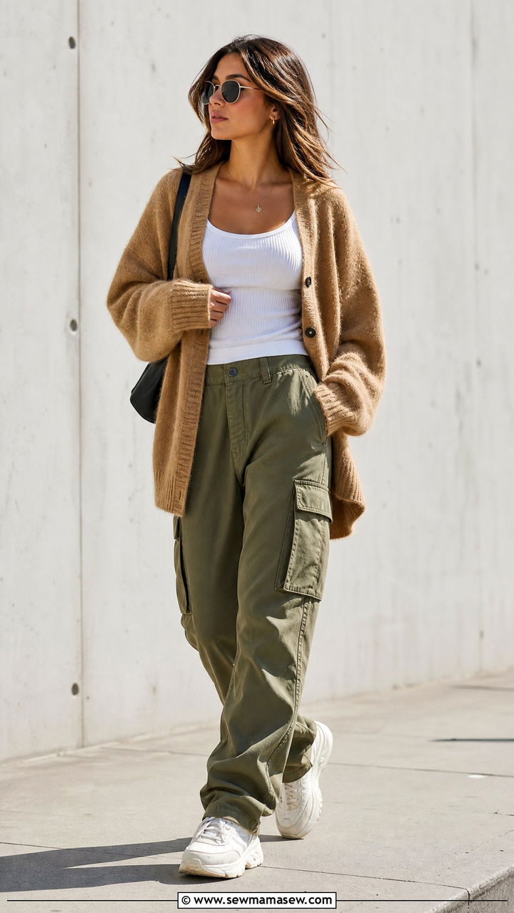 Cardigan with cargo pants outfit - 25 chic cardigan outfit ideas