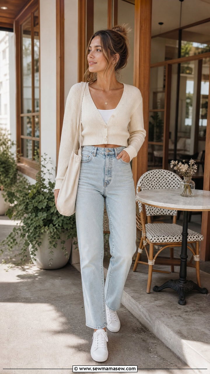 Cardigan with high waisted jeans and white sneakers - 25 High waisted jeans outfit ideas with white sneakers