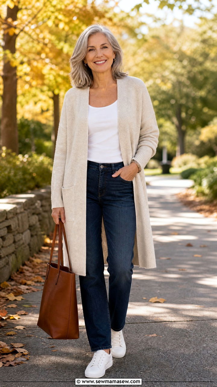 Cardigan with jeans and sneakers outfit - 35 Jeans and sneakers outfit ideas over 50