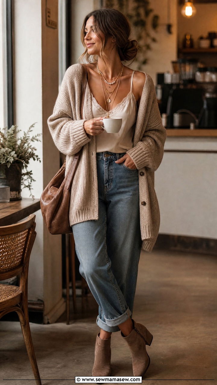 Cardigan with layered necklaces - 25 Layered necklaces outfit ideas